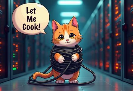 picture of a cute kitty looking into the camera wrapped in network cables and a holding a ball of wires in his paws, inside a datacenter server room with red, yellow and green led lights blinking in the server racks in the background, a cartoon text bubble floating beside the kitty with the text "Let Me Cook!"