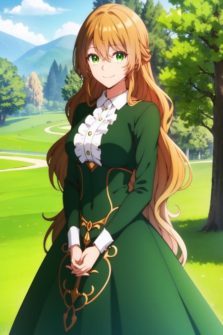 raeliana <lora:raeliana:0.8>, small breasts, green dress, long hair, beautiful face, green eyes, smile, (masterpiece:1.2), best quality, absurdres, highres, extremely detailed wallpaper, perfect lighting, unity 8k,  outdoors, grass, field,