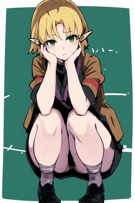 1girl,solo, 
squatting,
 <lora:JOKER_V10:0.95>,JOKER,blonde hair, blown jacket,intake bungs, forehead,green eyes,pointy ears, short hair,expressionless, hair streaked to the side