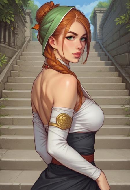 Beauty young clean face, back view, Highly detailed, looking at viewer, from the front 1 girl, illustration, Skinny, masterpiece quality, best quality, realistic drawing, anime style by Sam Yang,
Sharp, highly detailed 2D illustration,
Hyperrealism, soft light, sharp features.
Character Details: a girl with auburn hair, green eyes, intricately detailed veil is standing among tree, adventuress clothes
BREAK
standing, facing viewer, looking at viewer, indifferent expression, 
BREAK
Dynamic action pose, ((fully clothed))
Background: (background there is an ancient stone staircase winding up a hill, shrouded in mist, with a gnarled, leafless tree next to it:1.9)
score_9, score_8_up, score_7_up, score_6_up, source_cartoon, rating_explicit, Expressive, (((((upper body))))), dynamic pose