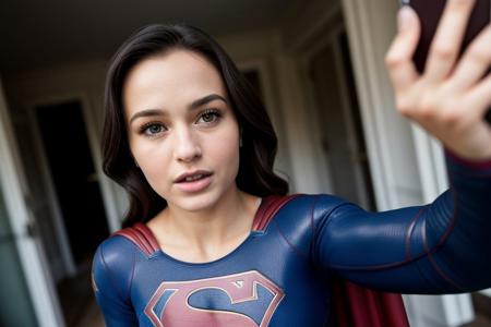 a perfect selfie photo of supergirl taking off her top, proessional photography, ultra realistic