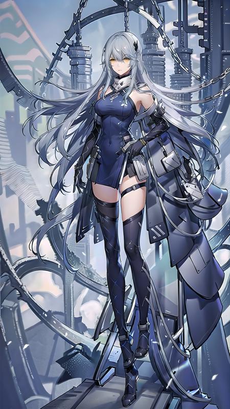 masterpiece, best quality,lyfesnowbreak,1girl, solo, long hair, yellow eyes, gloves, thighhighs, breasts, grey hair, bangs, hair ornament, cape, standing, white gloves, (dark blue dress:), dark  blue cloak, black thighhighs, expressionless, <lora:LyfeSnowV1:0.7>., full body,beach,