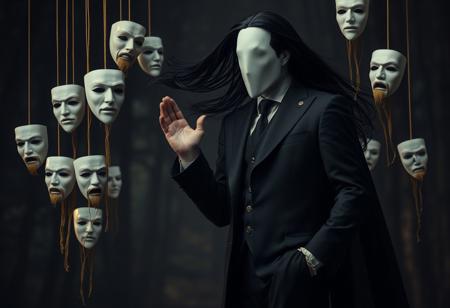 setting: dark, atmospheric background, blurred forest or abstracted natural environment, muted colors, shadows and dim lighting  
masks: floating, white, expressionless to anguished, stylized with intricate detail, some with elongated features or beards, suspended by thin golden strings  
mask details: smooth porcelain-like texture, varying expressions (neutral, screaming, surprised), dripping golden strands resembling liquid or threads  
character:  
age: adult, ambiguous age range, likely mid-30s to 40s  
appearance: faceless or featureless head, pale skin, long flowing black hair swept by an unseen breeze, elegant black suit with gold embroidered accents, dramatic long cape  
expression: no visible facial features, but body language conveys commanding presence or calm authority  
pose: standing tall, one hand raised in a gesture of control or addressing the floating masks, other hand relaxed by their side  
lighting: soft glow on the masks, faint golden highlights on the character’s outfit, dim ambient light creating a mysterious tone  
mood: eerie, surreal, enigmatic, theatrical  
theme: symbolism of identity, control, or manipulation, blending fantasy and gothic elements  
art style: hyper-detailed, realistic textures, dramatic contrasts, and painterly atmosphere  
visual focus: faceless character, suspended masks, dark and intricate outfit details