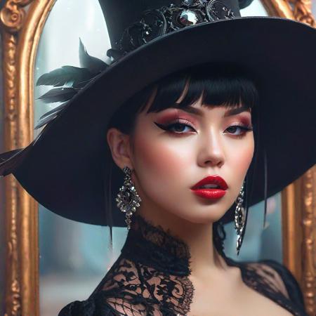 in a broken mirror effect  Close-up of woman in hat, digital art, Ross Tran, gothic art, dcolletage, nose piercing, fashionable witch queen, Alexei Zaitsev, Old West, Tom Bagshaw, cool pose, Brandon Woelfel, beautiful avatars, cleavage