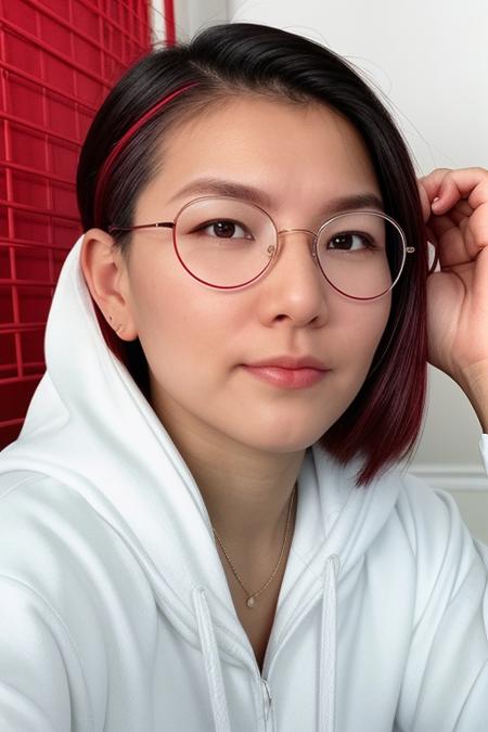 H1k4ru, a candid photo of a casual woman, in a white hoodie, gold wire circle glasses, leaning on red wall, closeup, fist on cheek