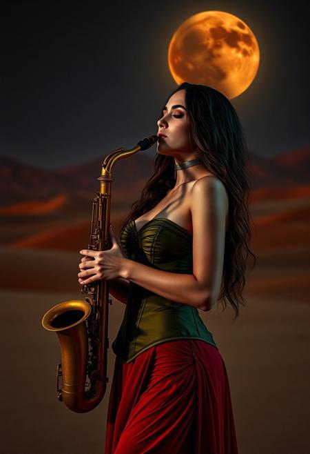 Young elegant woman with big breasts playing saxophone, wearing an olive green corset, artistic photography, 35mm lens, incredible HDR photography, dramatic scene in vast desert landscape, massive sand dunes, perfect lunar eclipse in background, stunning dramatic lighting, 8K resolution, photorealistic details, dominant  garnet red tones with complementary olive green and ocher yellow accents following triadic harmony, cinematic composition, professional color grading, shallow depth of field with selective focus on performer, masterful framing, hyperrealistic details Additional Specifications: - Environment: Expansive desert with towering sand dunes -  Time of Day: Night - Weather: Clear dark sky with lunar eclipse - Lighting: Dramatic moonlight casting long shadows - Mood: Eerie, sensual, mysterious - Camera Settings: f/1.8 aperture, ISO 100 - Post-Processing: HDR tone mapping,  dark mood enhancement - Style References: Dark fantasy, gothic romance Technical Aspects: --ar 16:9 --s  750
--q 2
--style raw
--c 8