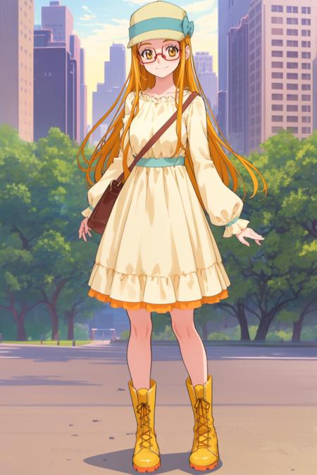 <lyco:GoodHands-beta2:0.6>,  <lora:urara_otona:0.6>, urara_otona, yellow hat, yellow dress, glasses, yellow boots, shoulder bag, in central park in new york, full body, standing, smile, solo, looking at viewer