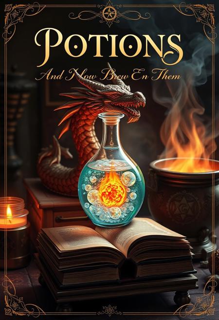 "Create a hyper-realistic image of a fantasy feminine alchemist mixing potions reading a book, book cover with the title 'POTIONS And How To Brew Them' in elegant, cursive font at the top. Below the title, a beautifully crafted potion bottle in the shape of a dragon's head should dominate the center, filled with a bubbly, shimmering magic potion that seems to glow from within. The bottle should feature a fiery, orange fireball at its center. The book should be placed on a wooden stand next to a bubbling cauldron filled with a magical brew, surrounded by steam and mystical energy. The cauldron should be adorned with intricate, glowing runes that seem to pulse with magic. The cover should be decorated with alchemy etchings that add a touch of mystical, ancient wisdom. The overall effect should be one of enchanting, mystical wonder, with a focus on the art of potion-brewing and the magic of the mystical arts." highest-Quality, 8 k, intricate details, visually stunning, Masterpiece, alchemist is wearing tinted glasses, curly ginger hair, leather vest with pockets, cargo shorts, thigh high socks,