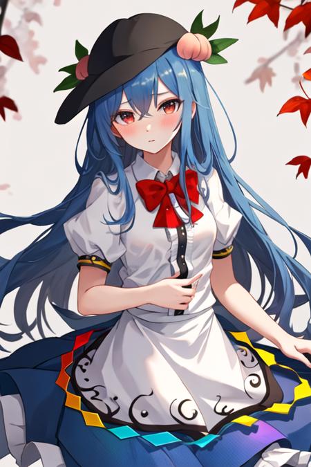 best quality, masterpiece, highres, solo, {hinanawi_tenshi_touhou:1.15}, blue_hair, long_hair, red_eyes, peach, food, fruit, hat, blush, black_headwear, bow, leaf, hair_between_eyes