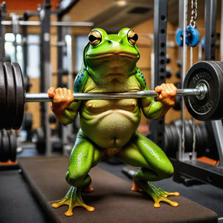 A strong frog with her own image tattooed on chest lifts weights easily in a gym full of other animal bodybuilders,(8k, RAW photo, best quality, Masterpiece:1.2), (realistic, photo-realistic:1.37), full body, exercise background.