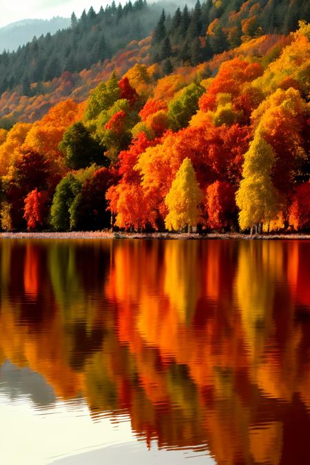 Serene lake surrounded by autumn foliage, landscape:0.6, fall colors:0.7, reflection:0.5, seasonal beauty:0.4.  , wallpaper_X