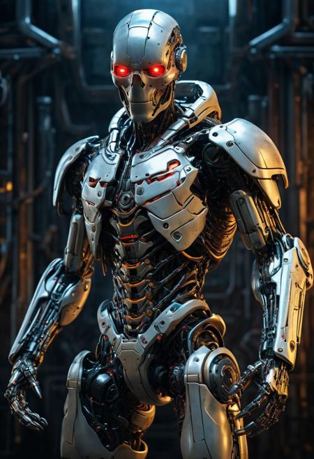 full-body cybernetic uhd cyborg weaponized and ready to fire looking at me still in a full-body-pose, add chain gun, digital Art, perfect composition, beautiful detailed intricate insanely detailed octane render trending on artstation, 8 k artistic photography, photorealistic concept art, soft natural volumetric cinematic perfect light, chiaroscuro, award - winning photograph, masterpiece, oil on canvas, raphael, caravaggio, greg rutkowski, beeple, beksinski, giger, bad-picture-chill-75v
