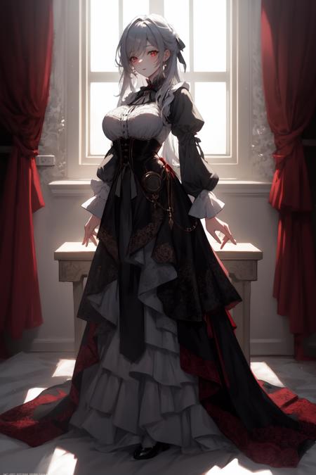 masterpiece, best quality, <lora:Jingliu-20:1>, 1girl, j1ngliu, red eyes, blindfold, establish, dhevictorian, <lora:ElegantVic-000021:1>, victorian dress, corset, shirt, embroidery, full body,