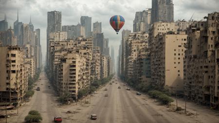 A lone hot air balloon floating low over a major city street, solitary, ((tattered)), patchwork, dystopian, dilapidated, (skyscrapers), (((weeds))), (overcast),
dynamic composition, rule of thirds, street view,
detailed, sharp focus, photograph, DSLR, high resolution