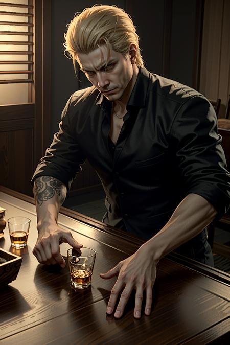 ((ultra detailed, masterpiece, best quality))
 <lora:REAlbertWesker:0.8>
REAlbertWesker, 1boy, solo, blonde hair, Within a traditional tatami room, sleek yakuza attire, low table with a spilled glass of whiskey, engaged in an intense conversation