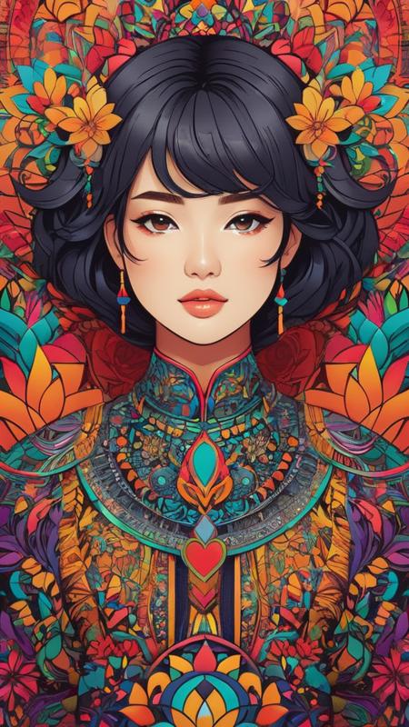 Random artwork, single person, intricate background, colorful
