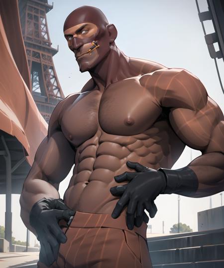 masterpiece, solo, upper body, tf2spy, redteam, facial hair, detailed eyes, (red mask, glack gloves, striped pants, red pants, climbing eiffel tower), front view, (((topless, muscular, bara, nipples, abs, pecs))), smug, detailed background, outdoors, looking at viewer, wide eyes, seductive, <lora:spylorav1:0.9>