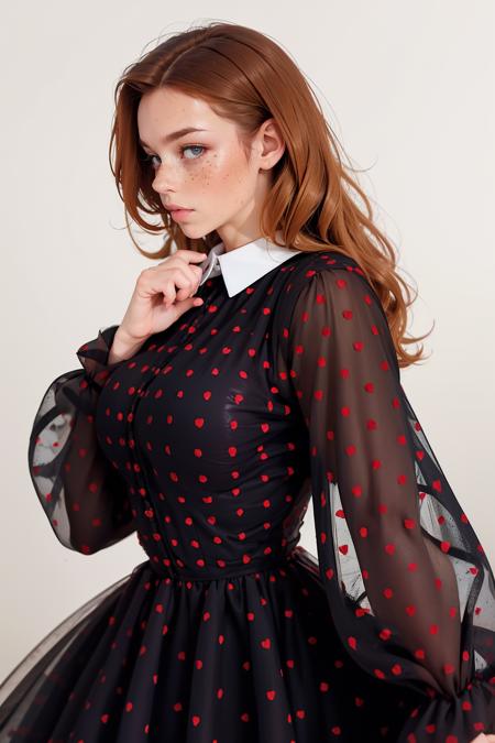 BRM1n1h3arts, heart print dress, short dress, puffy long sleeves, black dress, collared dress,<lora:BRM1n1h3arts:0.7> masterpiece, best quality, <lora:age_slider_v20:1> <lora:detail_slider_v4:1>  <lora:Fr3ckles:0.7> Fr3ckles, freckles, long hair, ginger hair, white background,