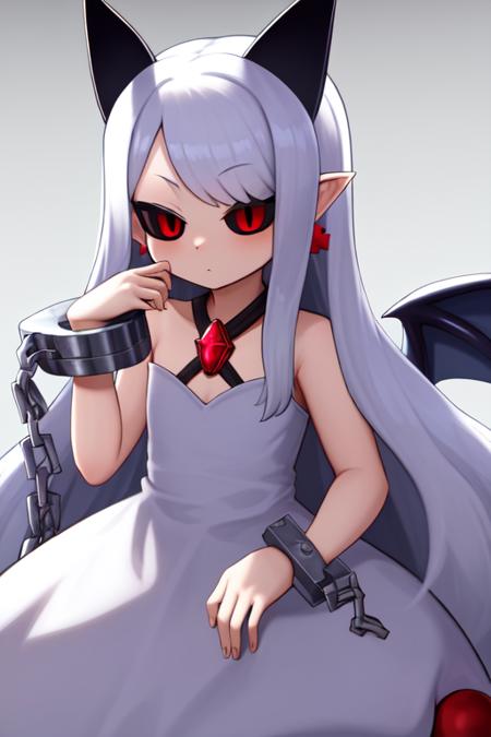 masterpiece, best_quality, long hair, bangs, red eyes, white hair, pointy ears, black sclera, white dress, horns, wings, handcuffs<lora:pram_v1:0.8>