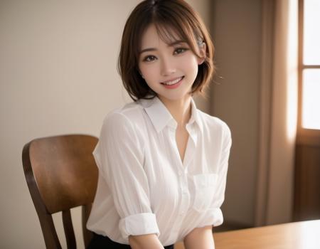 japanese cute woman, (smile:0.5), (high resolution detail of human skin texture:1.8), (beautiful brown eye, pupil),(rough skin:1.2),
(thin white blouse), indoor, dynamic angle, dynamic light, (thigh focus:1.6),