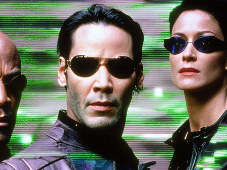 glitch, extreme close-up portrait of {Keanu Reeves as Neo|Carrie-Anne Moss as Trinity|Laurence Fishburne as Morpheus|Hugo Weaving as Agent Smith} young with glasses, The Matrix 1 9 9 9 movie still, Arriflex 435, heavy grain