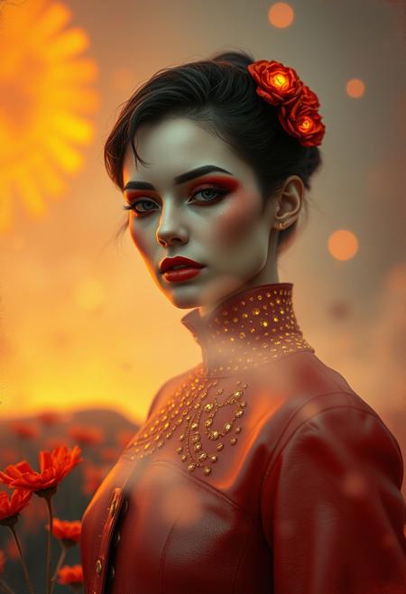 By Eric Lacombe By Patrice Murciano Frostpunk Fashion Photography, red and gold, minimalism, smoked eye shadow, illuminated golden bulging biomorphic dot pattern, volcanic landscape, flame flowers, bokeh ashes, volumetric particle dust, powdered paint pigment, vivid color, misty aether houte - couture rococo leather clothing, holga medium format camera, etherial lighting, backlighting, in the style of. . ., professional ominous concept art, by artgerm and greg rutkowski, an intricate, elegant, highly detailed digital painting, concept art, smooth, sharp focus, illustration, in the style of simon stalenhag, wayne barlowe, and igor kieryluk.