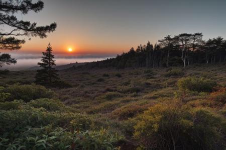 raw photo, a sunset landscape, Valdivian temperate forests, Chilean forest,  cozy, photorealistic, high detailed texture, 8k uhd, dslr, soft lighting, high quality, film grain, Fujifilm XT3, Sony A7 IV, highly detailed photography, (muted colors, cinematic, dim colors, soothing tones:1.2), vibrant, insanely detailed, hyperdetailed, (dark shot:1.2), (vsco:0.3), (intricate details:0.9), (hdr, hyperdetailed:1.2) (highest coherency: 1.39) (highest quality: 1.39) (rule of Thirds) (award winning) (breathtaking) (masterclass) (vibrant color: 0.79) (foggy: 1.29)