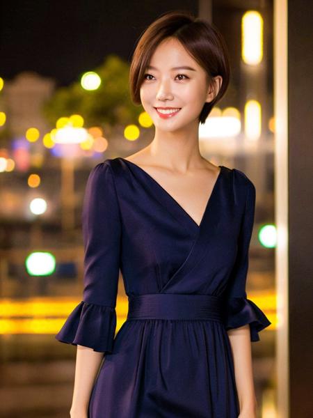 1girl,(wearing a modest dress:1.3),(RAW photo, best quality), (realistic, photo-realistic:1.4), masterpiece, an extremely delicate and beautiful, extremely detailed, 2k wallpaper, Amazing, finely detail, extremely detailed CG unity 8k wallpaper, ultra-detailed, highres, soft light, beautiful detailed girl, extremely detailed eyes and face, beautiful detailed nose, beautiful detailed eyes,cinematic lighting,city lights at night,perfect anatomy,slender body,smiling, short hair<lora:add_detail:0.5> <lora:Wangluodan_V2:0.8>