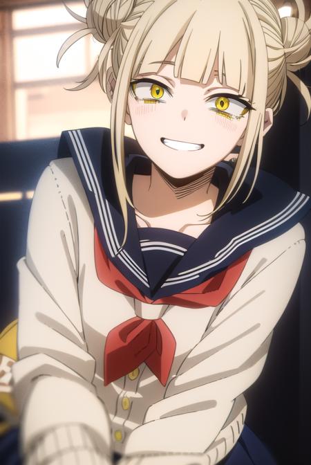 togahimiko, <lora:himiko toga s5-lora-nochekaiser:1>,
himiko toga, (toga himiko:1.2), bangs, blonde hair, (yellow eyes:1.5), blunt bangs, hair bun, double bun, messy hair, smile, grin, teeth,
BREAK skirt, long sleeves, school uniform, pleated skirt, shoes, serafuku, socks, sailor collar, blue skirt, neckerchief, kneehighs, brown footwear, cardigan, black socks, loafers, red neckerchief, yellow cardigan,
BREAK indoors, classroom,
BREAK looking at viewer, (cowboy shot:1.5),
BREAK <lyco:GoodHands-beta2:1>, (masterpiece:1.2), best quality, high resolution, unity 8k wallpaper, (illustration:0.8), (beautiful detailed eyes:1.6), extremely detailed face, perfect lighting, extremely detailed CG, (perfect hands, perfect anatomy),