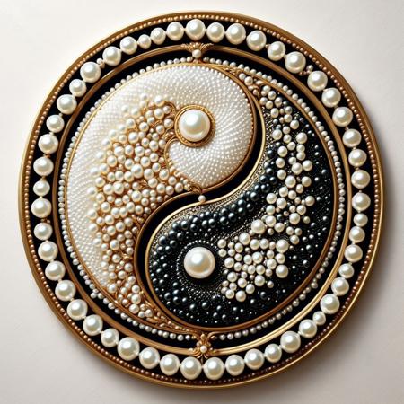 lazympos, depth of field, hyperrealistic, masterpiece, Intricate Design, Pearlum,
a painting depicting a ying yang symbol made of pearls, golden ornate frame