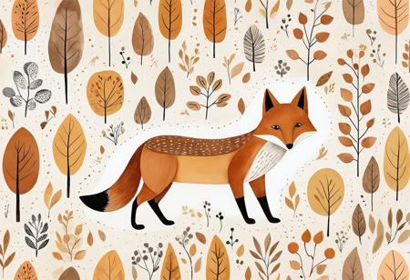 A simple children's book illustration of fox in the style of Mary Blair, collage of textures and patterns in brown tones on a cream paper background, a simple hand drawn doodle, minimalism, a watercolor drawing