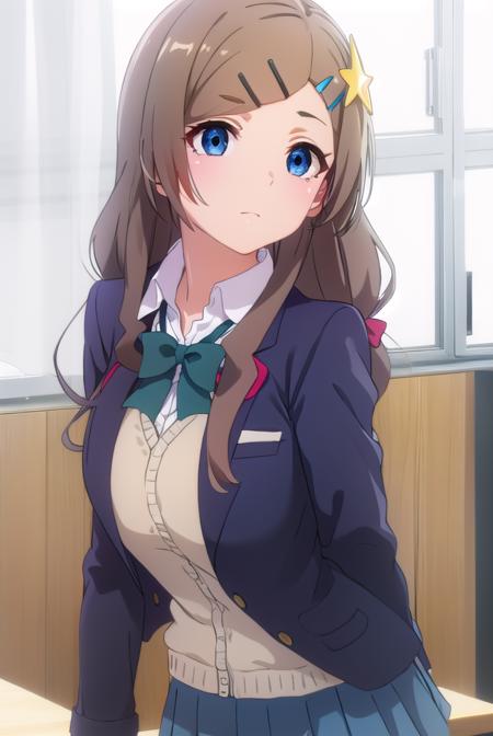 airiseto, <lora:airi seto s2-lora-nochekaiser:1>,
airi seto, long hair, blue eyes, brown hair, hair ornament, very long hair, hairclip, star \(symbol\), star hair ornament,
BREAK skirt, bow, school uniform, jacket, cardigan, blue skirt, (red jacket:1.2),
BREAK indoors, classroom,
BREAK looking at viewer, ()
BREAK <lyco:GoodHands-beta2:1>, (masterpiece:1.2), best quality, high resolution, unity 8k wallpaper, (illustration:0.8), (beautiful detailed eyes:1.6), extremely detailed face, perfect lighting, extremely detailed CG, (perfect hands, perfect anatomy),