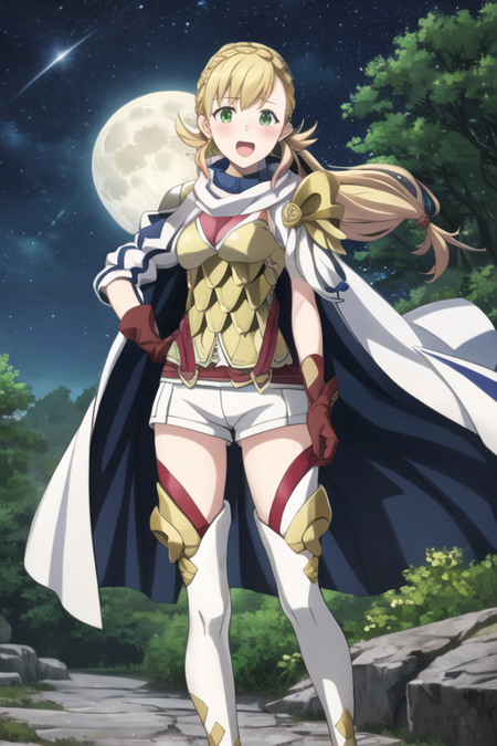 masterpiece, best quality, <lora:sharenaV2-10:1>, 1girl, sharena \(fire emblem\), fire emblem, fire emblem heroes, blonde hair, long hair, ponytail, crown braid, low-tied long hair, green eyes, facing viewer, looking at viewer, happy, open mouth, blush, breasts, medium breasts, scale armor, scarf, white scarf, gloves, brown gloves, leather gloves, boots, white footwear, white shorts, short shorts, thighhighs,zettai ryouiki, cape, thigh boots, outdoors, simple background, forest, night, starry sky, full moon, hand on hip, solo, solo focus, official art, official style,