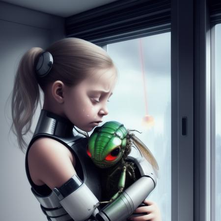 A crying little girl hugging  a big hideous, cyborg, insect-alien. They are in a futuristic high-rise apartment. Through a large window behind them, there is a space laser, with a nuclear explosion where it contacts the ground. Concept Art, Science Fiction, Finely Detailed, Exquisite, Digital Painting, best quality.