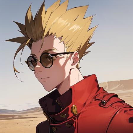 ((1man)), (Vash Stampede), yellow hair, (long red coat:1.0), black trousers, (yellow eyewear, circle eyewear), standing, (portrait), desert background, (masterpiece, best quality, extremely detailed CG, beautiful detailed eyes, ultra-detailed, detailed face, detailed shadows, ambient occlusion, intricate details),  <lora:VashStampede:0.8>