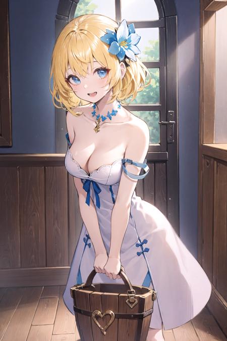 1girl, solo, virtual youtuber, breasts, dress, hair ornament, blonde hair, blue eyes, white dress, flower, looking at viewer, smile, cleavage, open mouth, medium breasts, bangs, standing, jewelry, bare shoulders ,window, barrel, scenery, wooden floor, indoors, bucket, sunlight, door, shelf, curtains, cabinet, wooden wall 
//,
///////////  <lora:netural-000193:1>