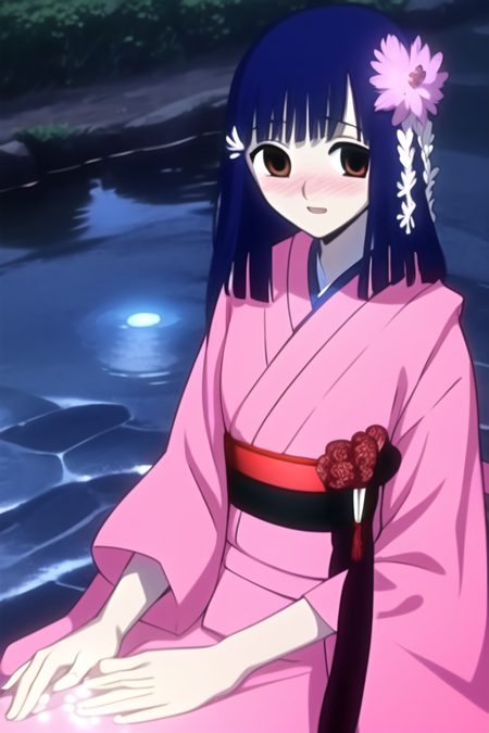 masterpiece, best quality, ZashikiW, 1girl, solo, blue hair, brown eyes, standing,  long hair, happy, blush, floral print, pink kimono, flower, hair ornament, sash, black sash, sitting, lake, upper body, looking at viewer, hands on own face, blue light dots, night,