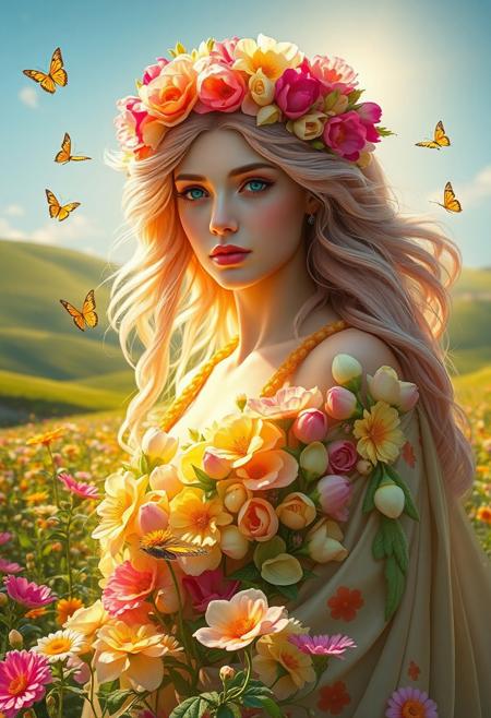 Masterpiece. A close-up portrait of the goddess Flora, the Roman deity of flowers, spring, and renewal. She is depicted as a graceful figure with flowing hair adorned with a crown of vibrant blossoms. Her attire is a flowing, ethereal dress made of petals in shades of pink, green, and gold, symbolizing the abundance of nature. Surround her with a lush garden filled with colorful flowers in full bloom, delicate butterflies, and a soft golden light that enhances the scene's magical and serene atmosphere. The background should include rolling meadows and a clear blue sky. beautiful woman, inspiring, flower, high-res, semi realistic, best quality, intricate details, ultra details, good lighting, vibrant colors, very detailed, octane render, ray tracing