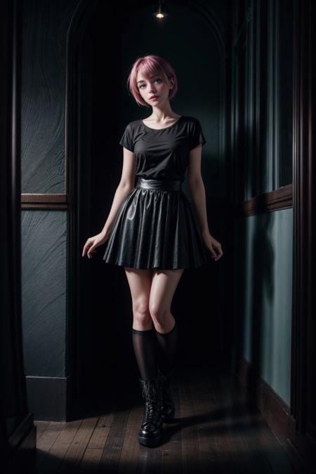 RAW photo, (goth girl), (style of Sarah Moon:1.4), eerie, dark theme, Confusion, Tulle skirt, band tee, and combat boots, V-shaped cut, Rainbow hair color, Slender (lean and elongated with minimal curves), Cursed swampland with twisted trees and glowing eyes, (film grain:1.2), (high detailed skin:1.2), 8k uhd, dslr, soft lighting, high quality, film grain, Fujifilm XT3, detailed skin, skin blemish, <lora:more_details:0.7> <lora:skinny_new_skin:0.25> <lora:LowRA:0.7>