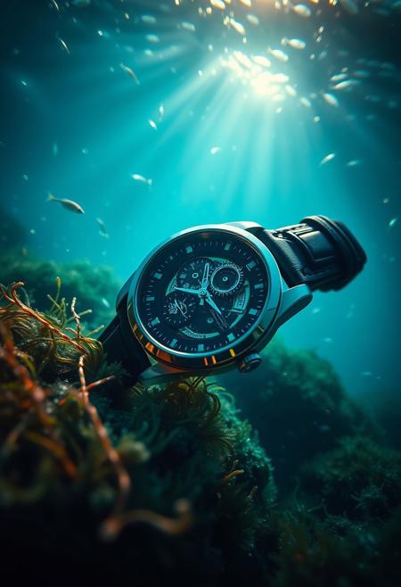 a highly detailed, cinematic photo of a sleek luxury Tourbillon wristwatch lying on the bottom of a deep, turquoise ocean, surrounded by gently swaying seaweed and schools of tiny, shimmering fish, with sunlight filtering down from above, casting an ethereal glow on the entire scene, captured with a shallow depth of field to emphasize the watch's intricate mechanisms and elegant design, using a high-contrast color palette with deep blues and greens to accentuate the sense of depth and realism.