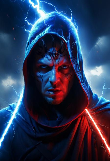 score_9, score_8_up, score_7_up, score_6_up, score_5_up, score_4_up, (absurdres, best quality, masterpiece:1.4), illustration, photorealistic, cinematic lighting, dynamic angle, perfect composition, hooded figure, force lightning, blue sparks, intense focus, dark side energy, dramatic lighting, red and blue contrast, power aura, menacing expression, Sith powers