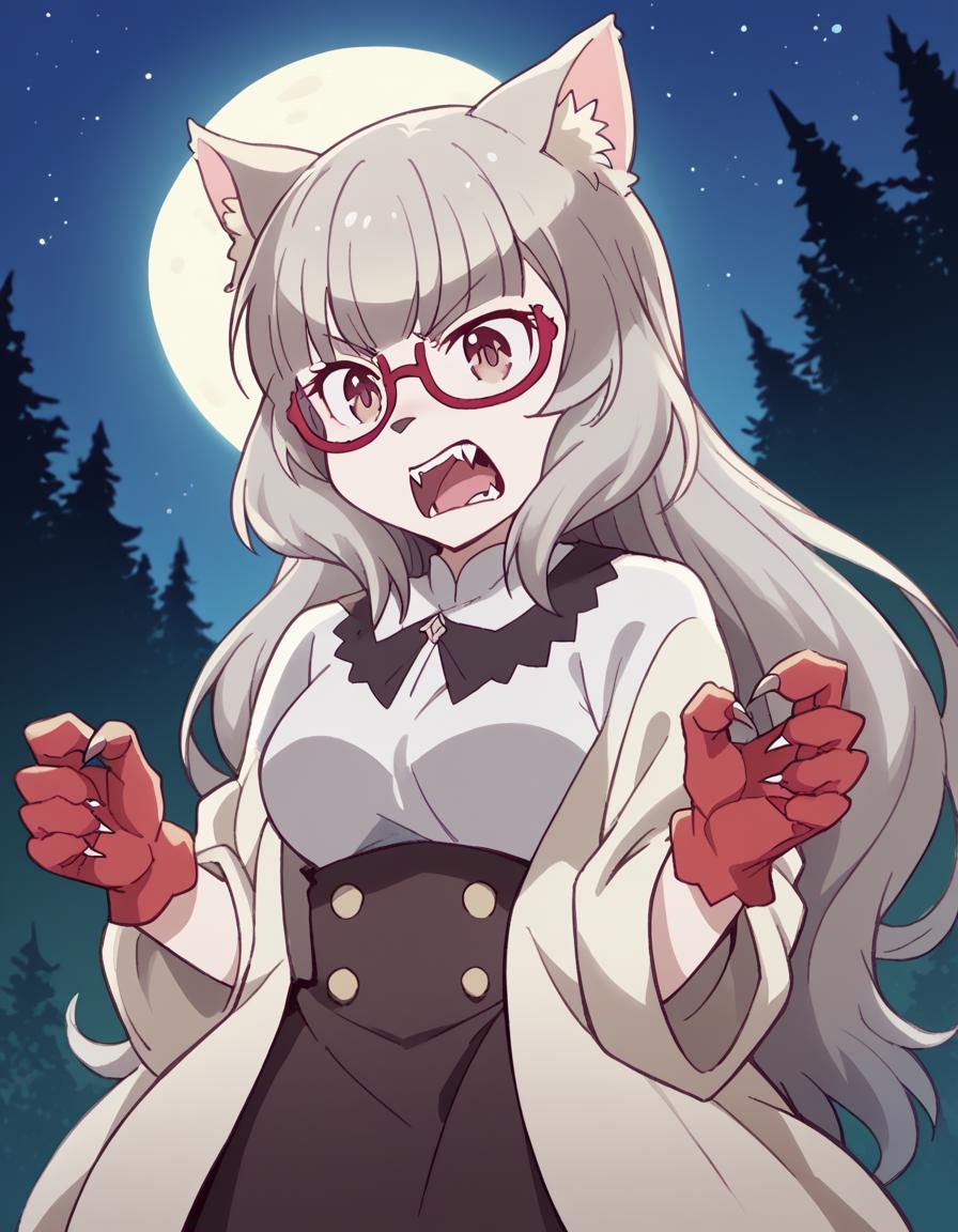 score_9, score_8_up, score_7_up, source_anime, <lora:shizuku-hazuki-s2-ponyxl-lora-nochekaiser:1>, shizuku hazuki, long hair, bangs, brown eyes, grey hair, glasses, semi-rimless eyewear, red-framed eyewear, under-rim eyewear, medium breasts,, <lora:werewolf-ponyxl-lora-nochekaiser:1>, werewolf, furry, fangs, animal ears, gloves, angry, teeth, animal ear fluff,, forest, night, moon, open mouth, , dutch angle, cowboy shot