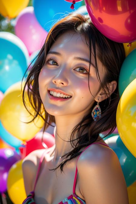 A 28-year-old girl,surrounded by a backdrop of colorful balloons,joyful and celebratory atmosphere,vibrant and diverse colors,dynamic pose,sunny day,cheerful and lively mood,