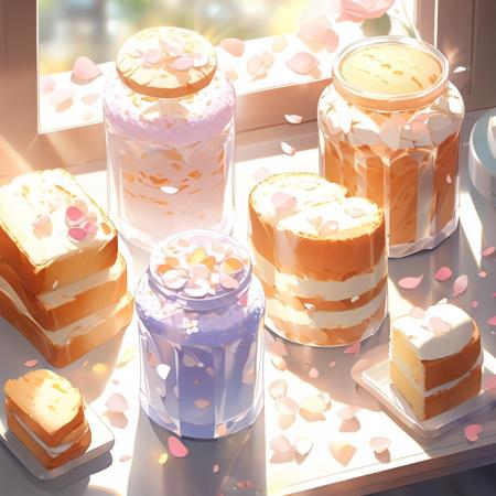 food, food focus, still life, petals, sunlight, cup, cake, jar, bread, window, <lora:colorfulfood-v10:1>