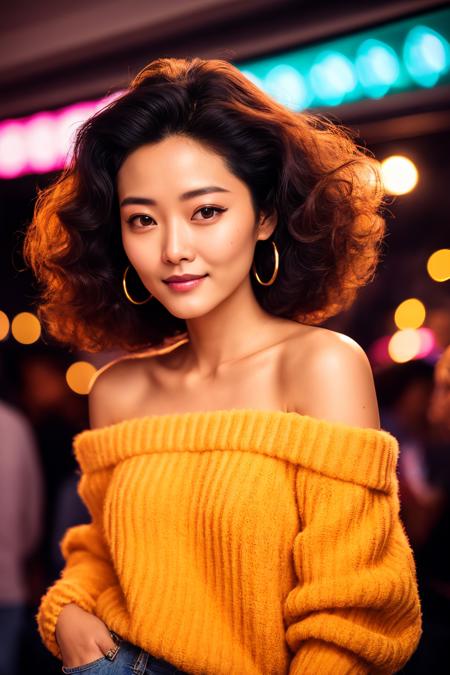 photograph of MeiyuCipher, smiling, big wavy hairsprayed 1980s hair, wearing off the shoulder fuzzy sweater, leg warmers, acidwashed jeans, hoop earrings, rollerskating at a crowded roller rink in the 1980s, disco lights, smoke, RAW photo, 8k uhd, dslr, soft lighting, high quality, film grain, highly detailed face, ultra detailed, masterpiece quality, Fujifilm XT3, Kodak