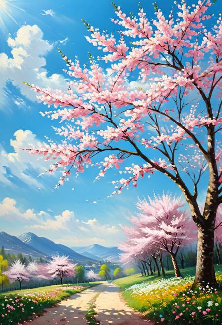 oil painting, Cherry blossoms, Sky (blue), Flowers (pink), Natural scenery, Fresh and clean, Cherry blossom tree, Springtime, Beautiful landscape, Sunlight, Warm atmosphere<lora:xl_more_art-full_v1:0.3><lora:oil_SDXL_v1.0:0.8>