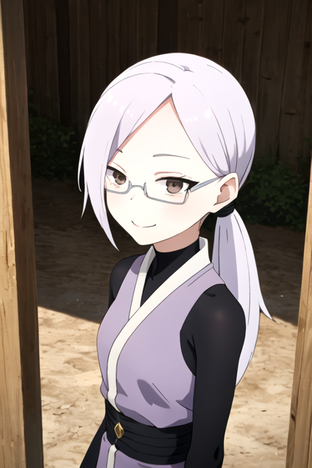 masterpiece, best quality, <lora:kunoichisumire:0.8>, 1girl, solo,  brown eyes, ponytail, grey hair, glasses,  long hair, light smile, standing, upper body, long sleeves,