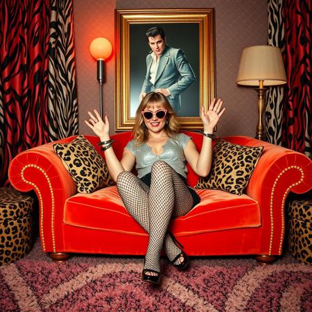 A woman reclines seductively on a gaudy velvet couch, her wrists playfully bound in front with shiny metal handcuffs. The room around her is a riot of clashing colors—zebra-striped curtains, leopard print cushions, polka dot wallpaper, and a shag carpet underfoot. A velvet Elvis painting looms behind her, flanked by a lava lamp and gold-framed mirror. She wears a mismatched outfit: fishnet stockings, high heels, a glittery blouse, and oversized sunglasses perched on her nose. Her bold makeup and playful smirk suggest she knows exactly how ridiculous—and irresistible—she looks.