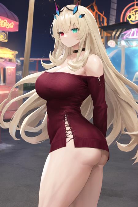 masterpiece, high quality, 1girl, large breasts, expressionless, confused, arms behind back, ass focus, pantyshot, evening, amusement park, <lora:barghest>barghest, tall muscular female, long hair, blonde hair, horns, heterochromia, red eyes, green eyes, like-a-lady, off shoulder, red sweater, choker