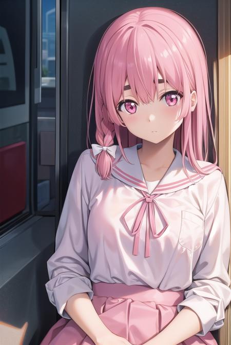 sumisakurasawa, <lora:sumisakurasawapopochichi-lora-nochekaiser:1>,
sumi sakurasawa, bangs, (pink eyes:1.5), hair between eyes, pink hair, braid, hair bow, thick eyebrows,
BREAK skirt, shirt, long sleeves, bow, ribbon, school uniform, white shirt, serafuku, sailor collar, red ribbon, neck ribbon, red skirt, white sailor collar,
BREAK outdoors, city,
BREAK looking at viewer, (cowboy shot:1.5),
BREAK <lyco:GoodHands-beta2:1>, (masterpiece:1.2), best quality, high resolution, unity 8k wallpaper, (illustration:0.8), (beautiful detailed eyes:1.6), extremely detailed face, perfect lighting, extremely detailed CG, (perfect hands, perfect anatomy),